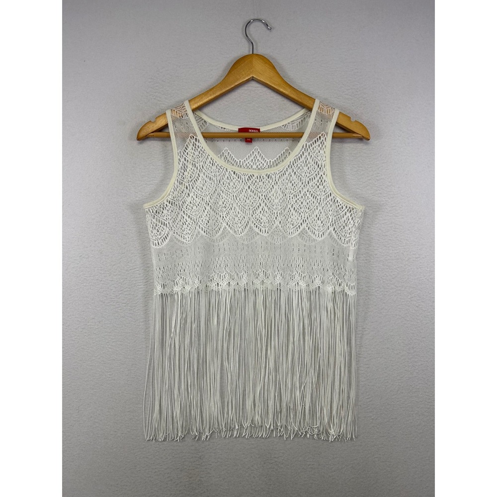 Boho‎ Festival Bongo Women Sm Ivory Crochet Lace Long Fringe Sleeveless Tank Top